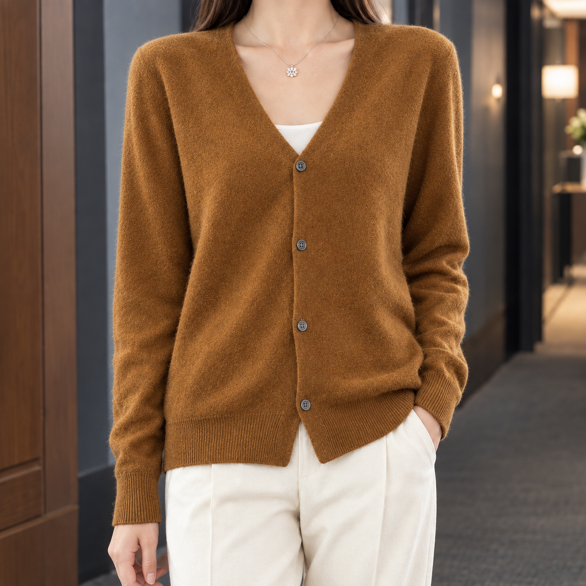 Zelie-Faye V-Neck Women's Cardigan - Caramel Brown