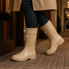 Women’s Drawstring-Cuff Knee-High Rubber Boots in Beige