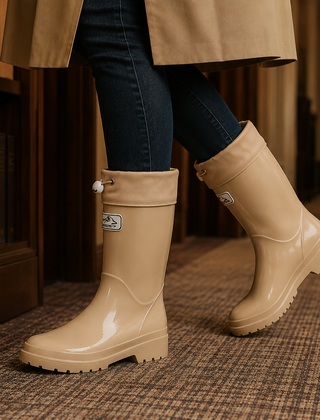 Women’s Drawstring-Cuff Knee-High Rubber Boots in Beige