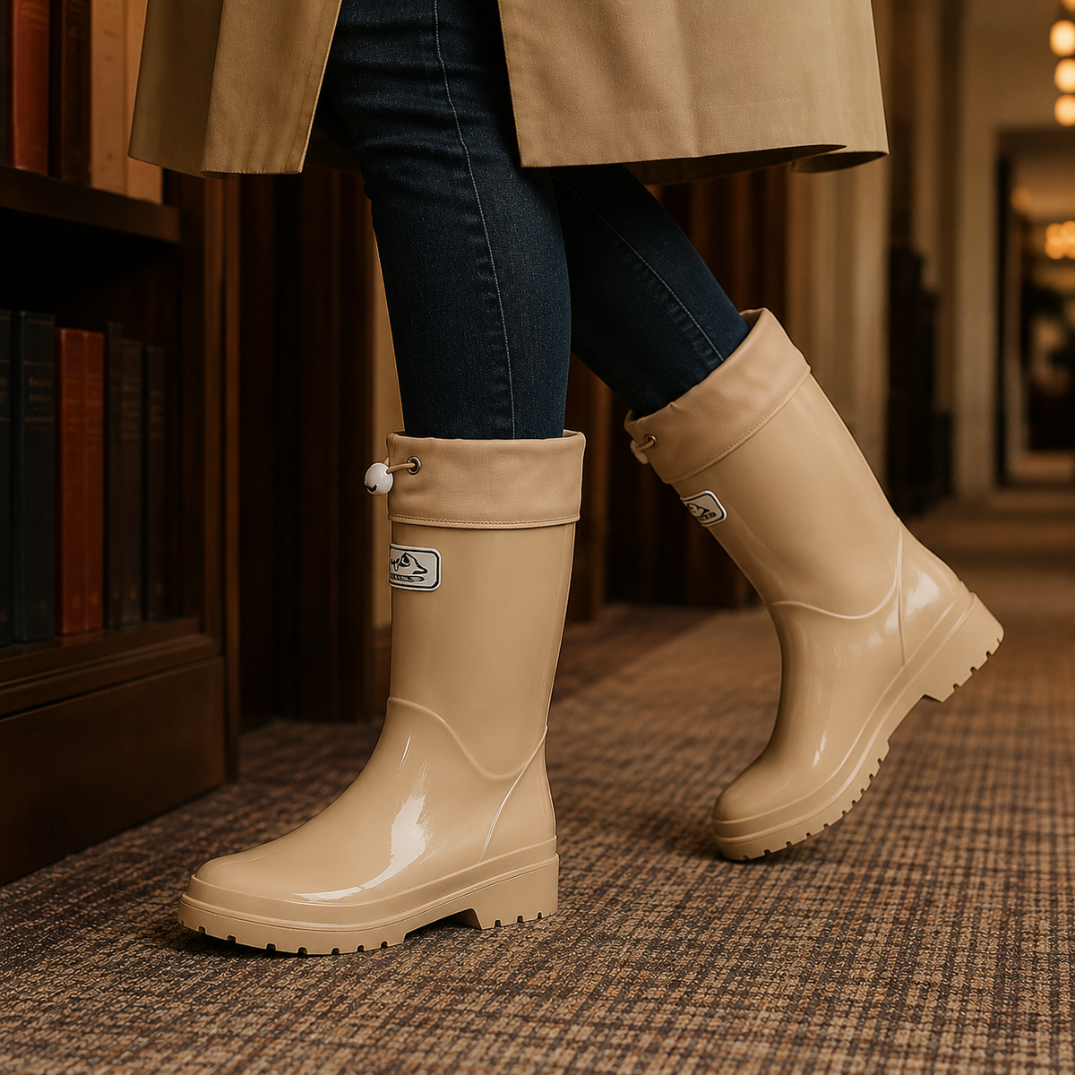 Women’s Drawstring-Cuff Knee-High Rubber Boots in Beige