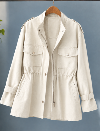 Women’s Drawstring-Waist Four-Pocket Utility Jacket in Creamy White