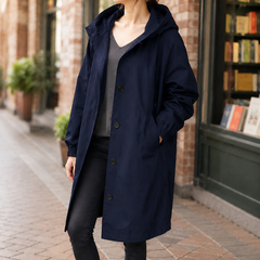Zelda-Elise Hooded Women's Overcoat - Dark Blue