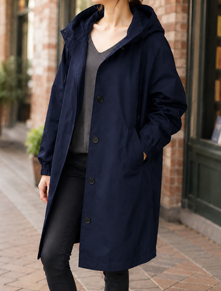 Zelda-Elise Hooded Women's Overcoat - Dark Blue