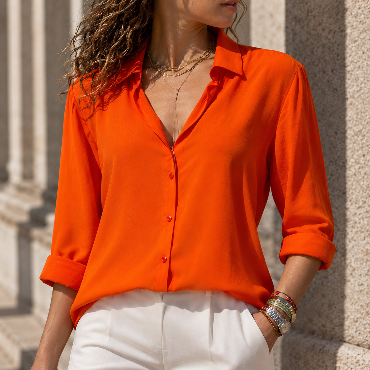 Women’s Fluid Curved-Hem Long-Sleeve Button Blouse