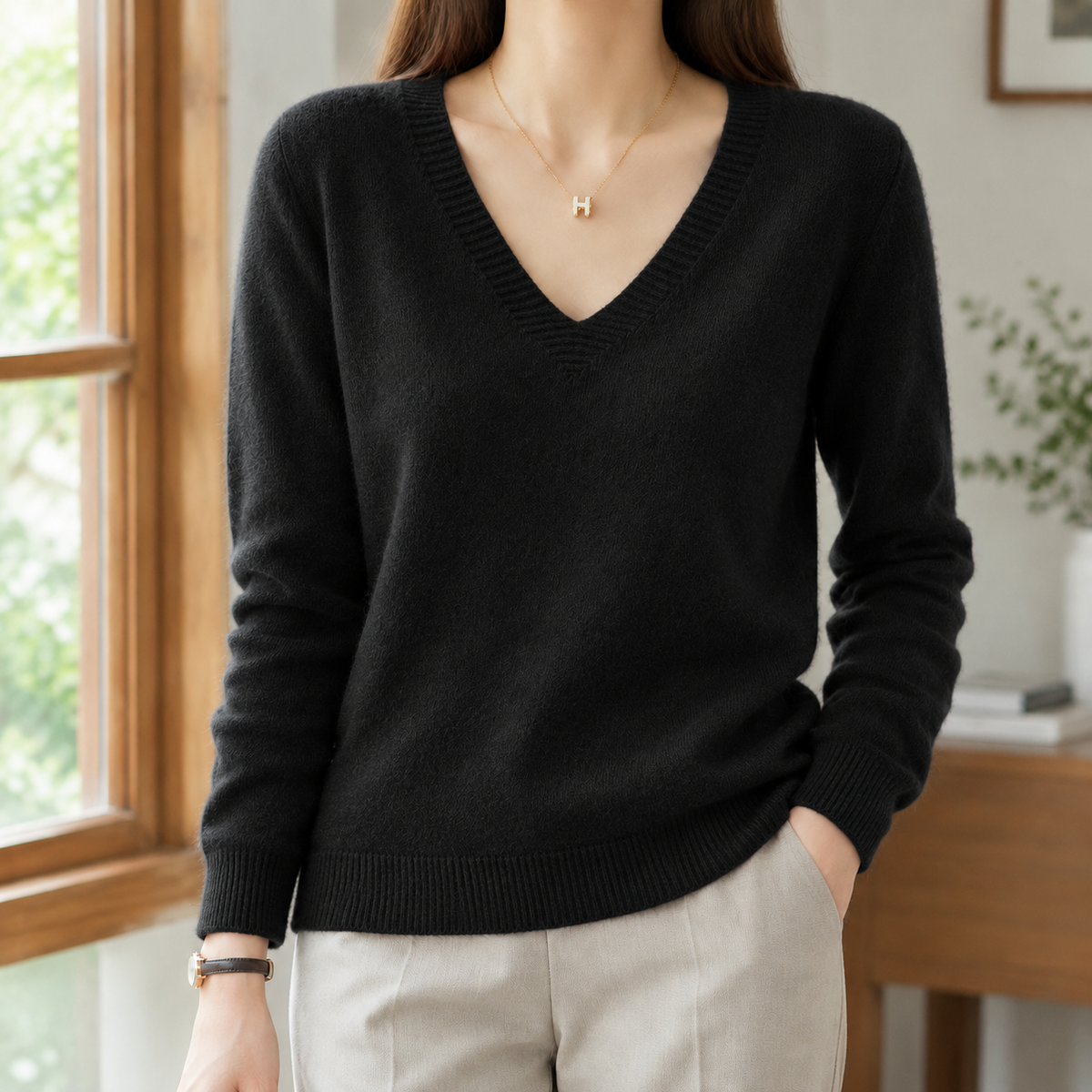 Evadne V Neck Women's Sweater - Black