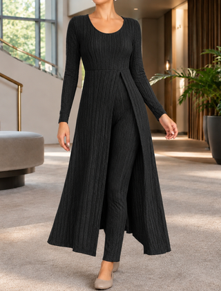 Women’s Ribbed Longline Split Top and Straight-Leg Trouser Set in Black