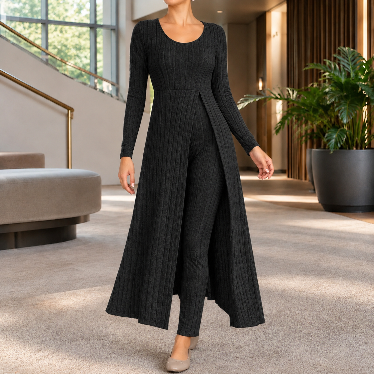 Women’s Ribbed Longline Split Top and Straight-Leg Trouser Set in Black