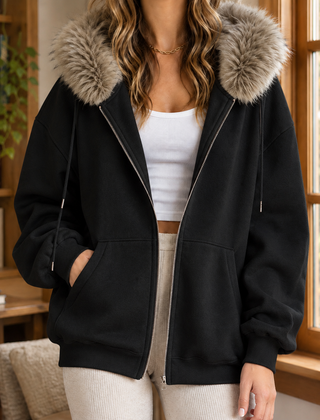 Ardith Plush Trim Women's Hoodie - Black