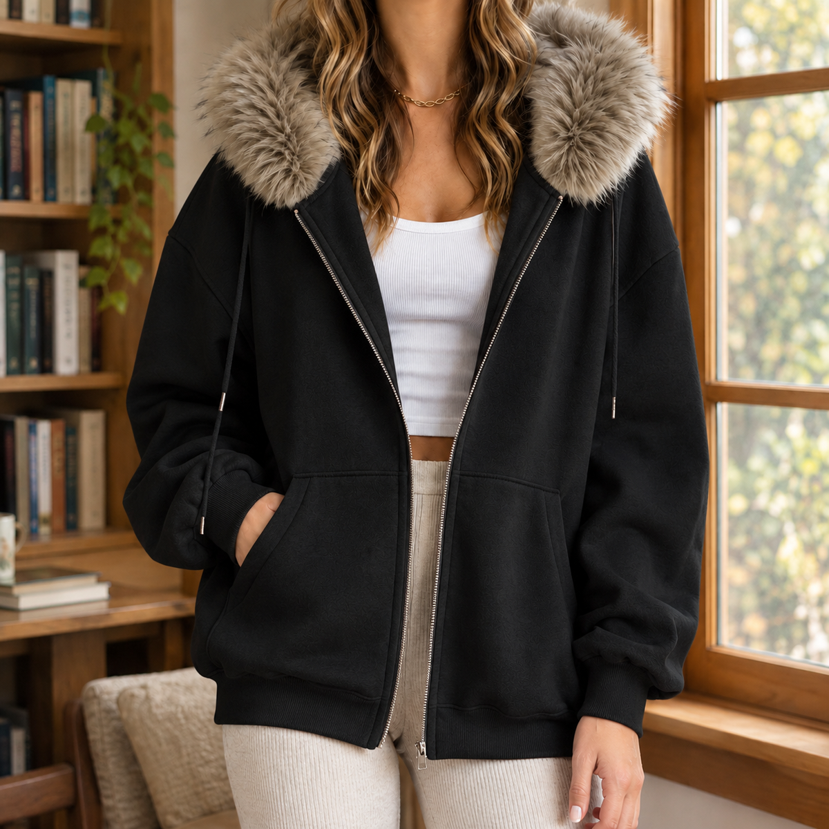 Ardith Plush Trim Women's Hoodie - Black