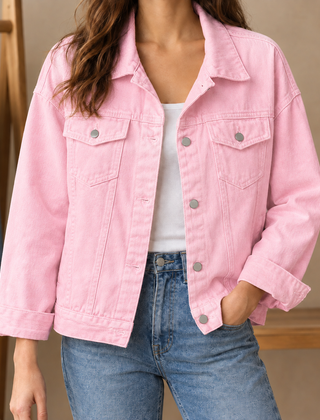 Women’s Cotton-Blend Four-Pocket Denim Jacket in Pink