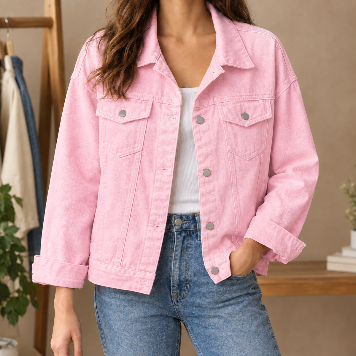 Women’s Cotton-Blend Four-Pocket Denim Jacket in Pink