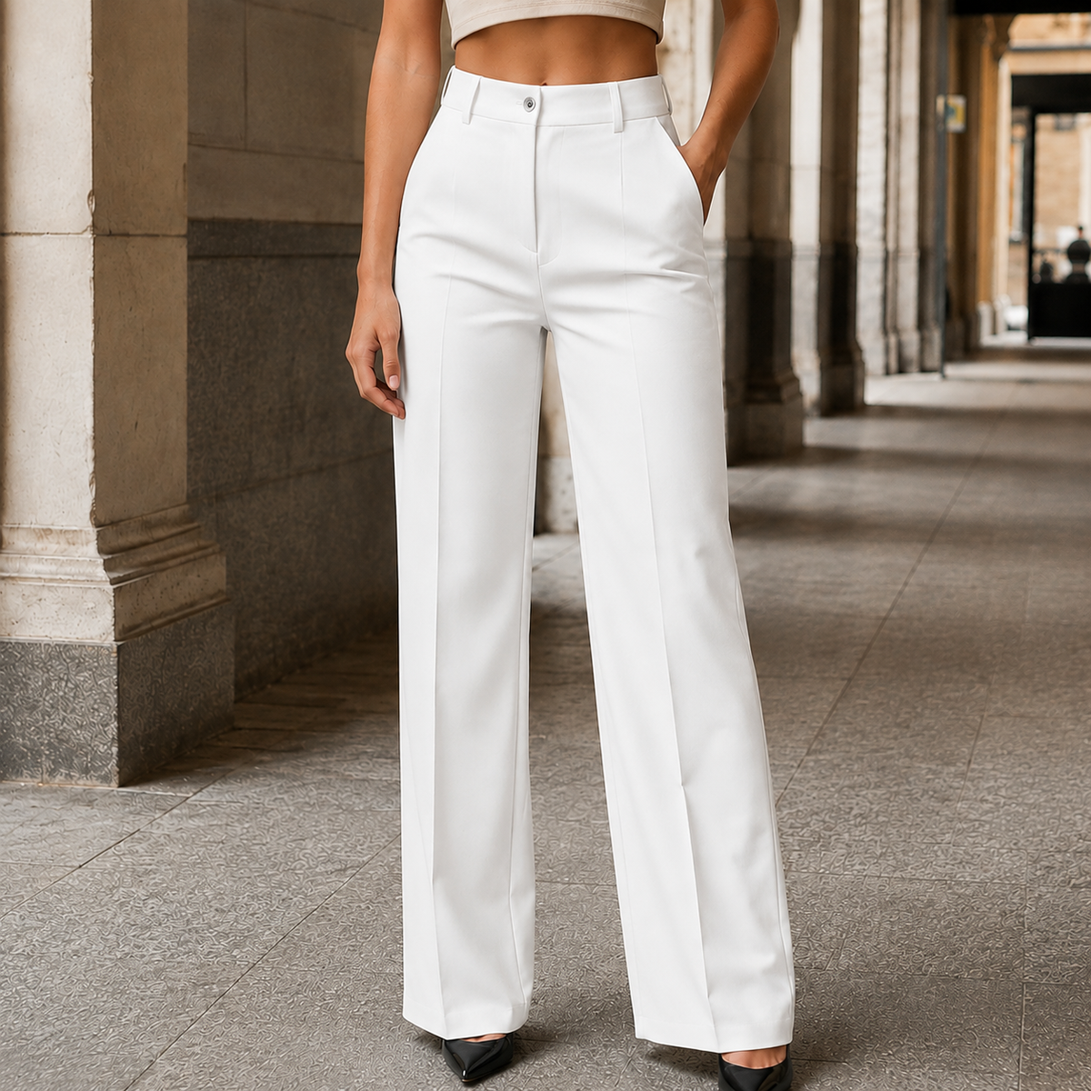 Women’s High-Waisted Full-Length Tailored Wide-Leg Trousers in White