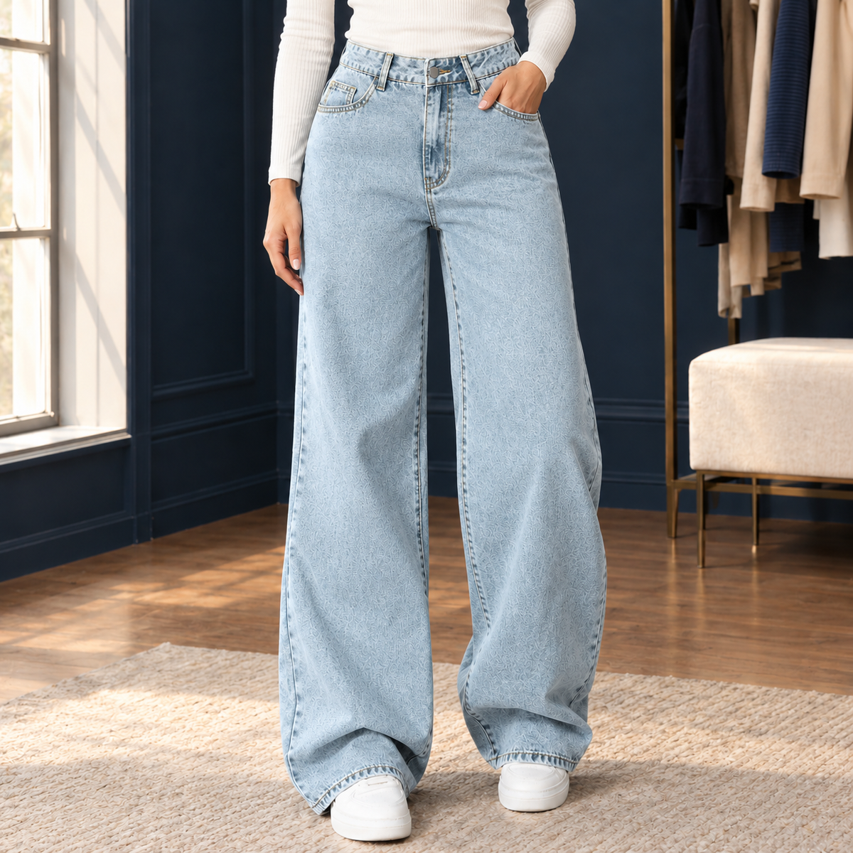 Women’s High-Rise Curved-Pocket Wide-Leg Jeans in Light Blue