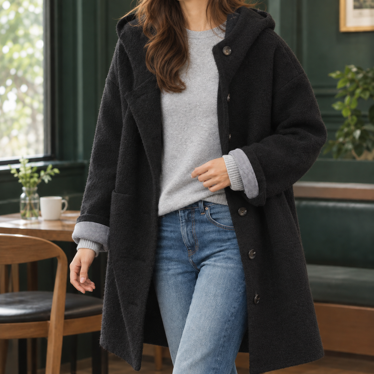 Antonia-Sage Hooded Women's Coat - Black