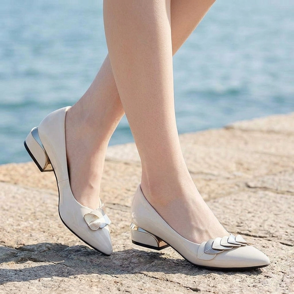 Women’s Layered-Vamp Pointed Low Block Heels in Off-White