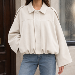 Women’s Collared Suede Bubble-Hem Bomber Jacket in Off-White