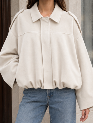 Women’s Collared Suede Bubble-Hem Bomber Jacket in Off-White