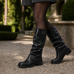 Women’s Double-Buckle Knee-High Biker Boots in Black