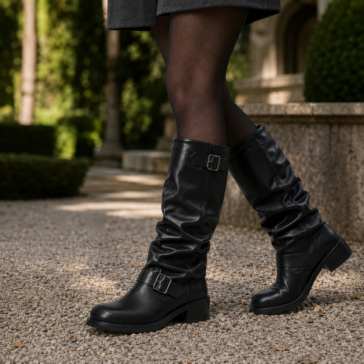 Women’s Double-Buckle Knee-High Biker Boots in Black