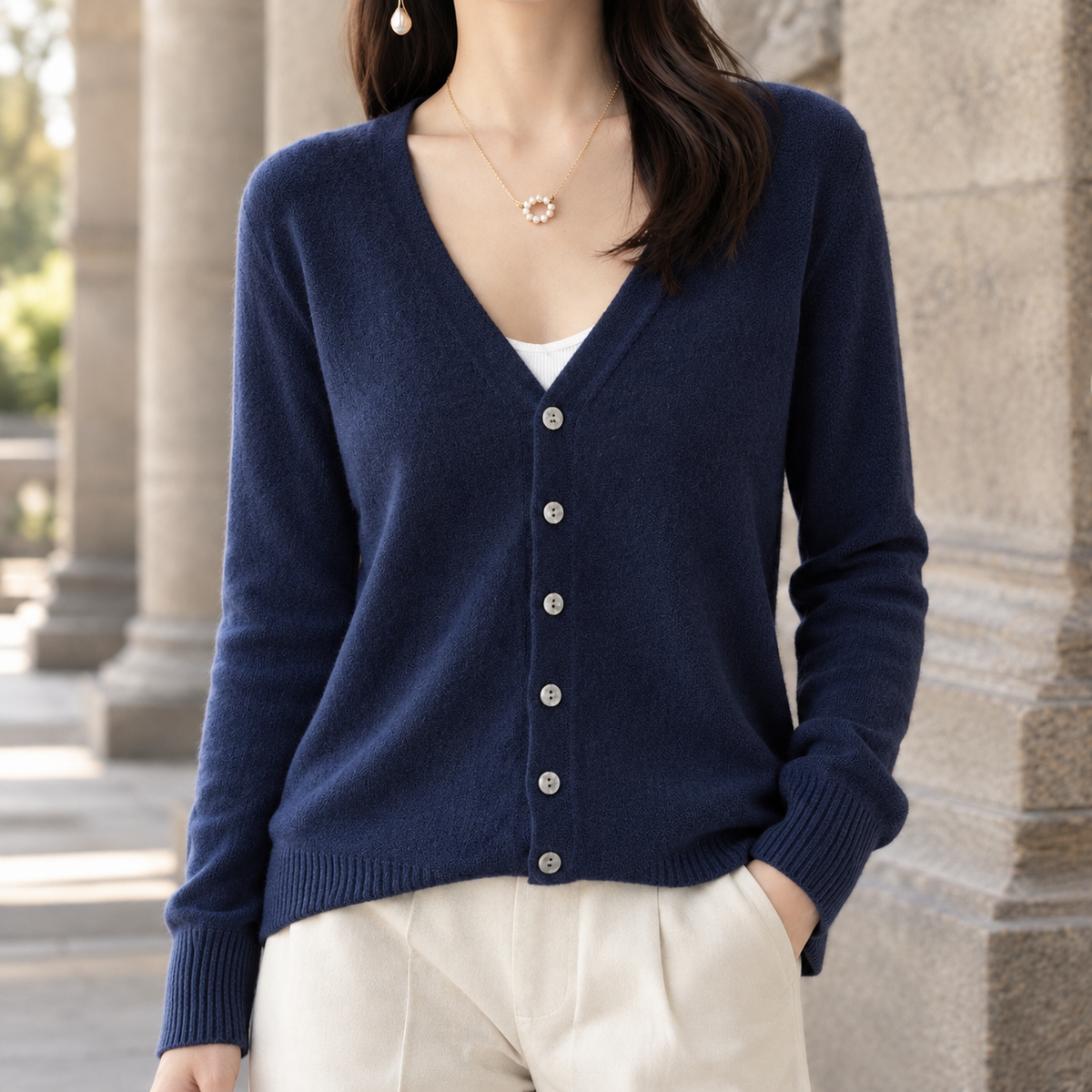 Women’s Five-Button V-Neck Knit Cardigan in Navy Blue