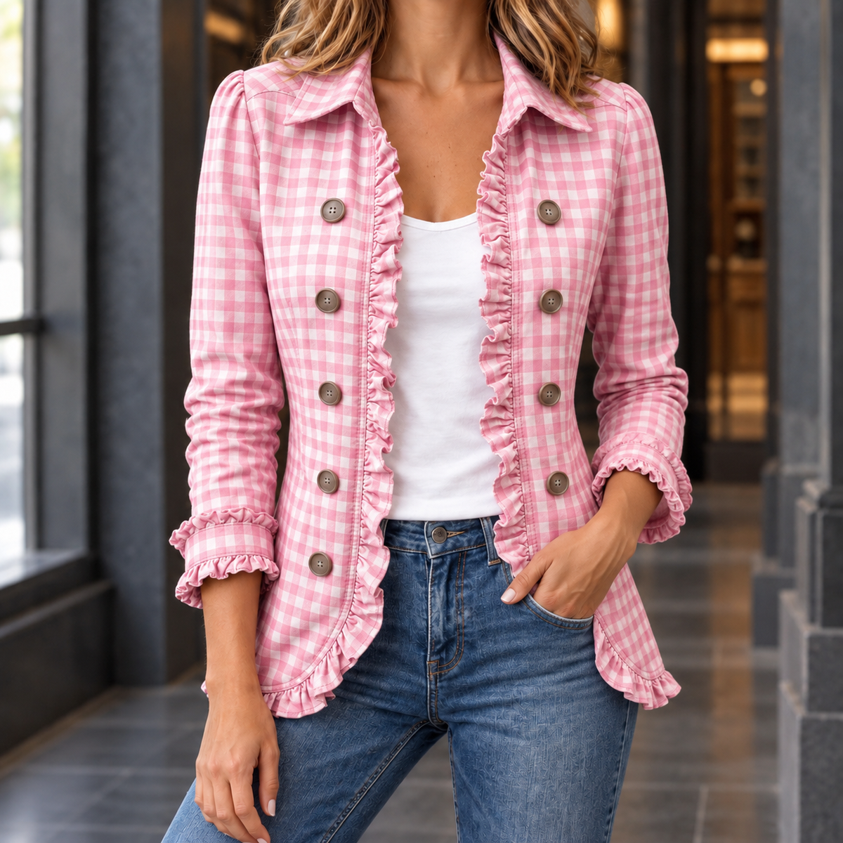 Women’s Gingham Ruffle-Trim Shaped Jacket in Pink