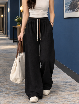Women’s Fine-Rib Drawstring Full-Length Wide-Leg Trousers in Black