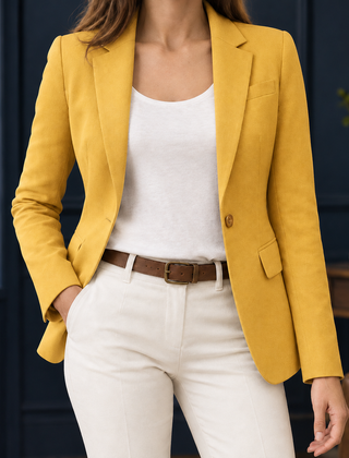 Women’s Single-Button Hip-Length Tailored Blazer in Yellow