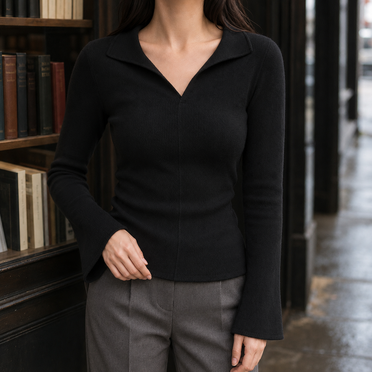 Women's Isabelle-Jade Collared Knit Top Jumper - Black