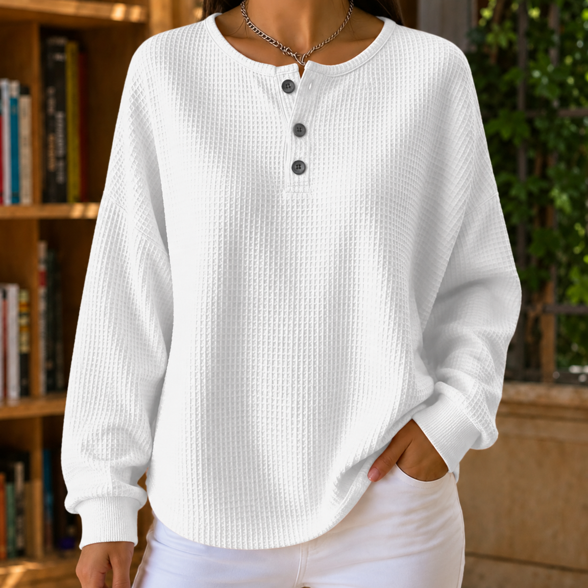 Women’s Waffle-Knit Henley Jumper in White