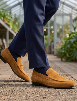 Men’s Suede-Effect Apron-Seam Penny Loafers in Mustard Yellow