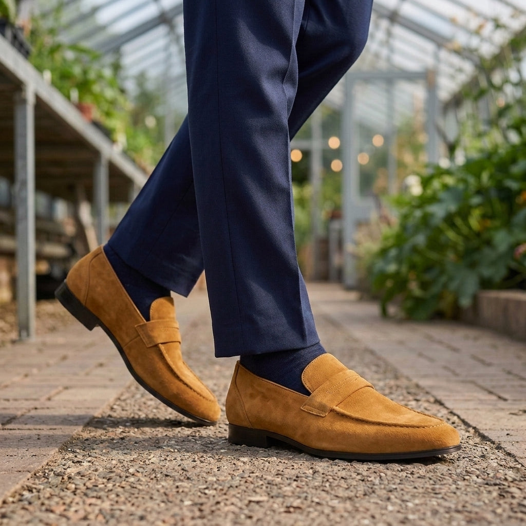 Men’s Suede-Effect Apron-Seam Penny Loafers in Mustard Yellow