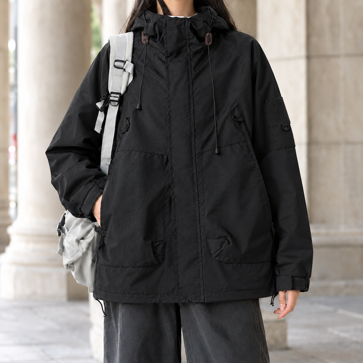 Women’s Cotton-Blend Hooded Four-Pocket Jacket in Black