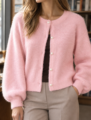 Women’s Pearl-Effect Button Knit Cardigan in Pink