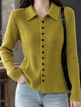 Fiona-Grace Ribbed Women's Cardigan - Yellow