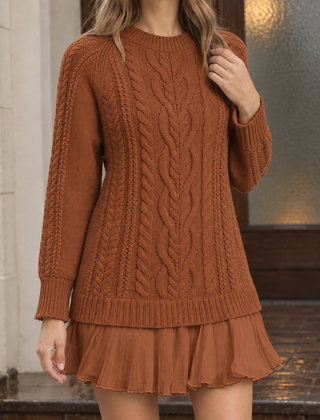 Leah-Eve Cable Knit Women's Sweater - Caramel Brown