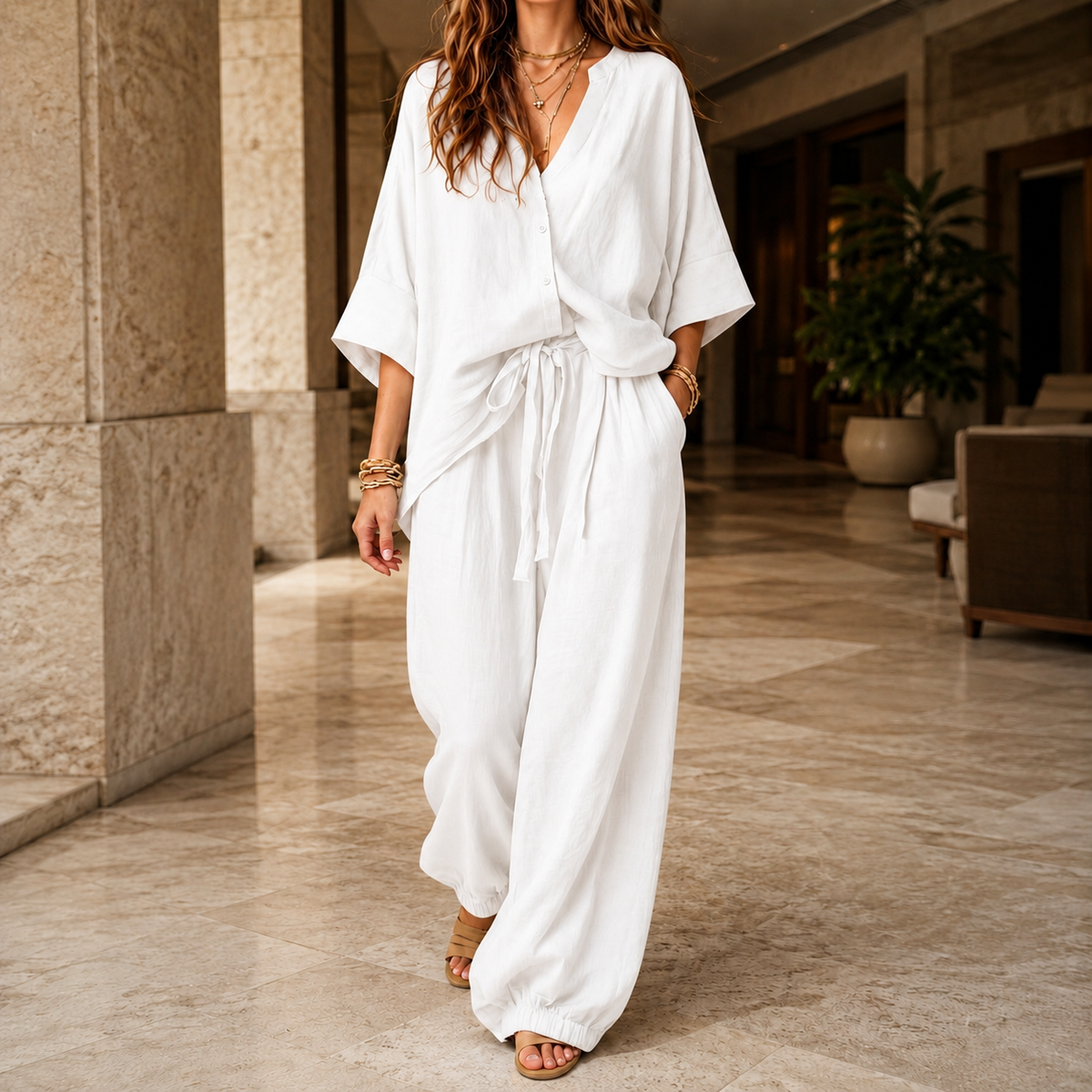 Women’s Batwing Button-Front Top and Cuffed Trouser Set in White