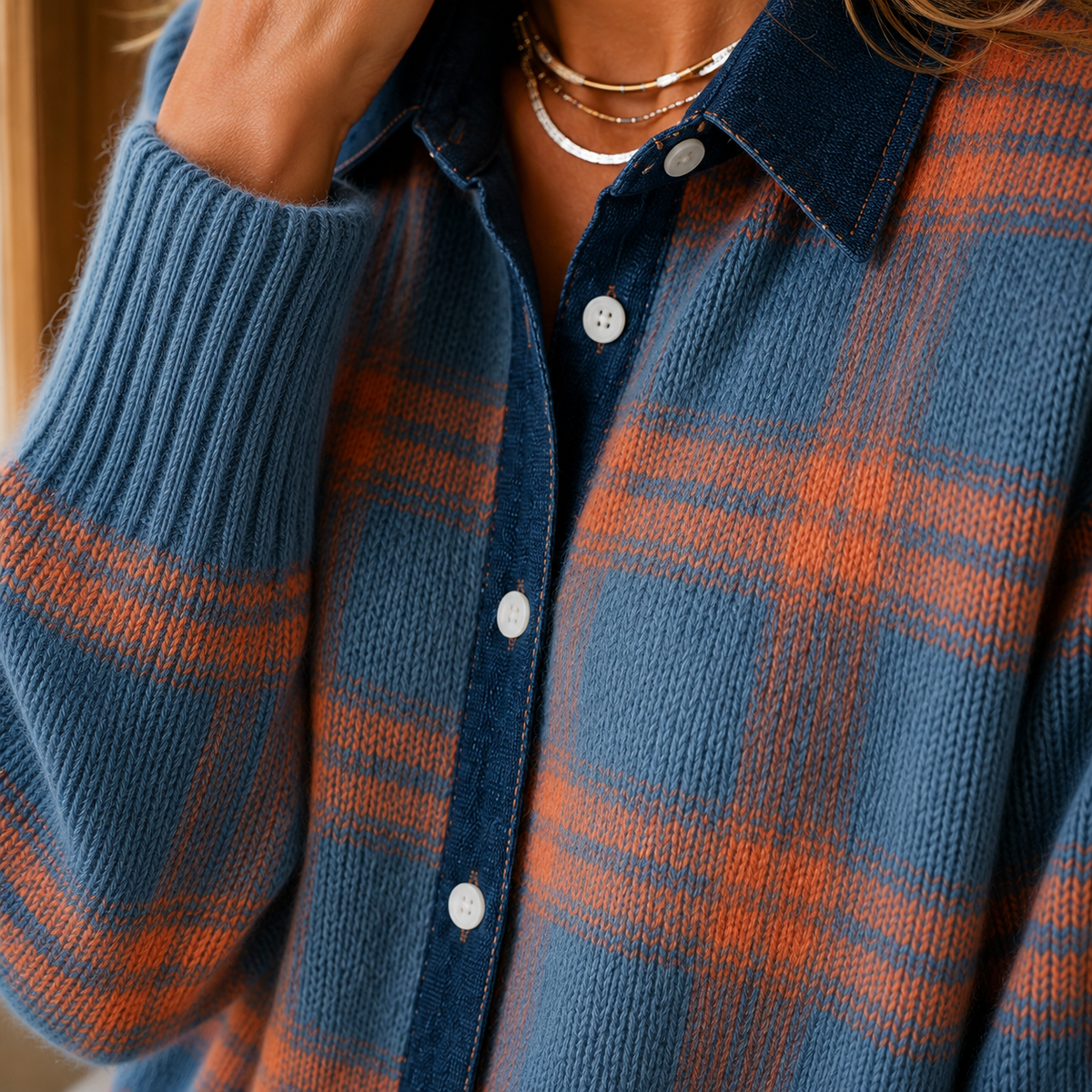 Women’s Windowpane Check Collared Cardigan