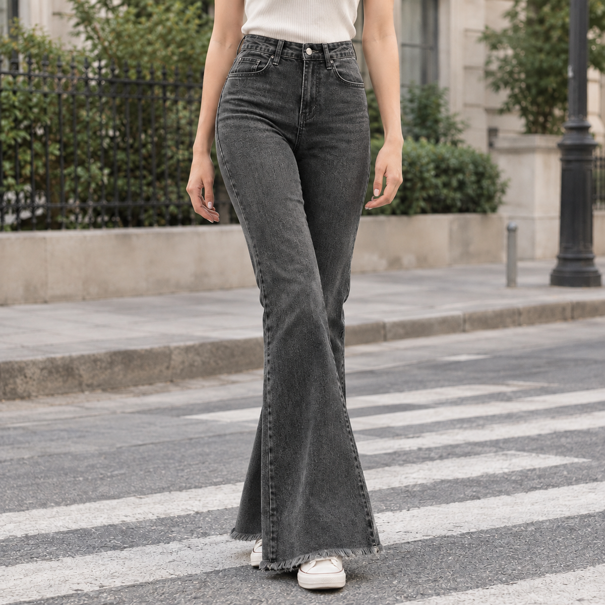 Women’s High-Rise Stretch Flared Jeans with Raw Hems in Black Grey