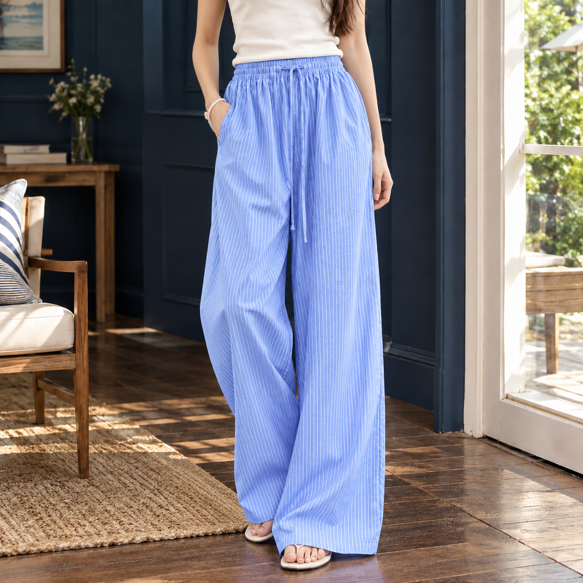 Women’s Striped Drawstring Floor-Length Wide-Leg Trousers in Blue