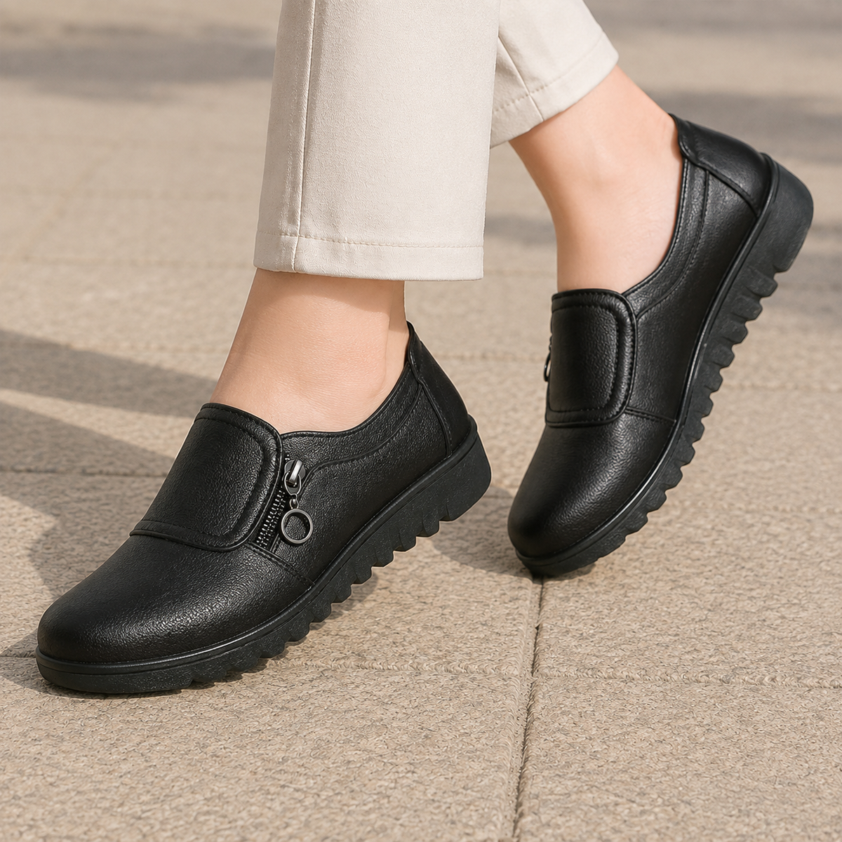 Women’s Padded-Vamp Side-Zip Casual Shoes in Black