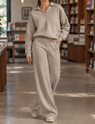 Women’s Long-Sleeve Polo-Collar Top and Wide-Leg Trouser Set in Khaki
