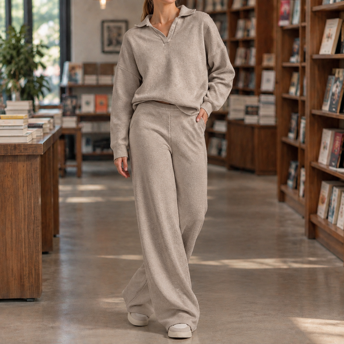 Women’s Long-Sleeve Polo-Collar Top and Wide-Leg Trouser Set in Khaki