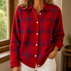 Women’s Windowpane Check Collared Cardigan in Red