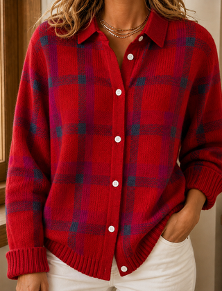 Women’s Windowpane Check Collared Cardigan in Red