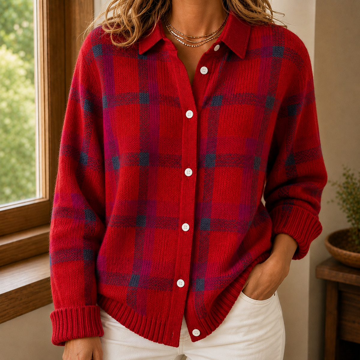 Women’s Windowpane Check Collared Cardigan in Red