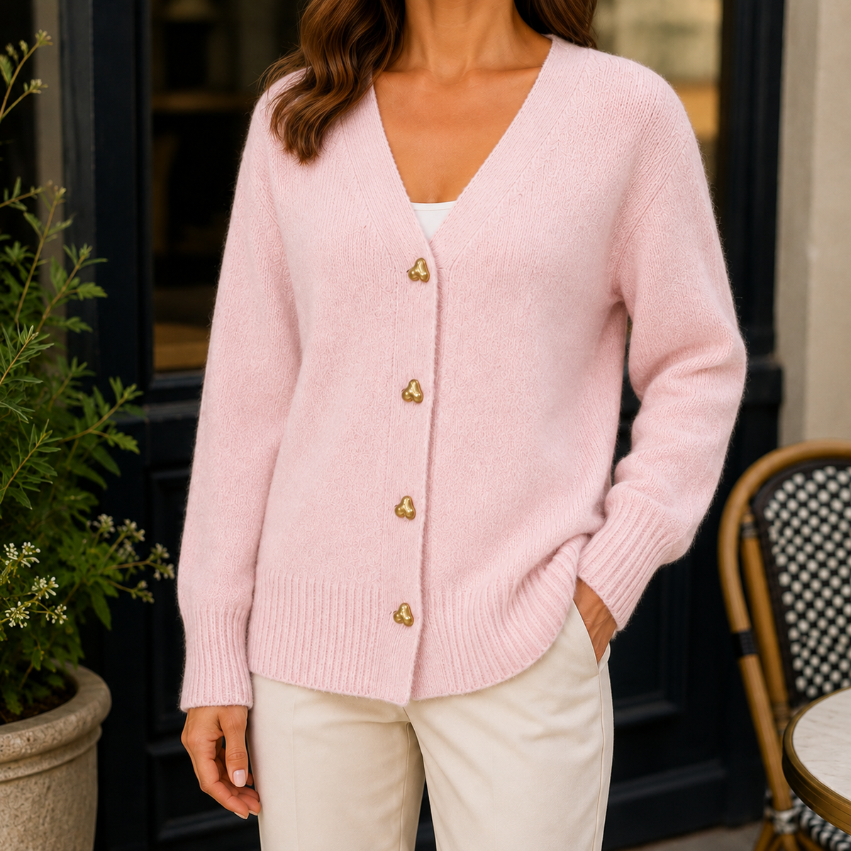 Women’s Heart-Button V-Neck Cardigan in Pink