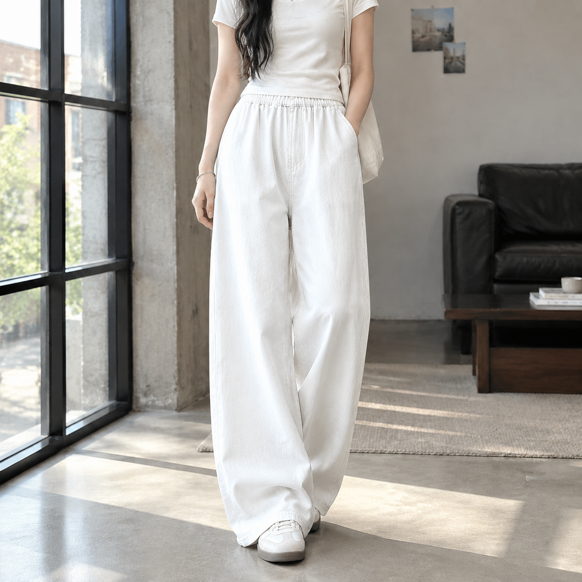 Women’s Elastic-Waist Full-Length Wide-Leg Denim Jeans in White