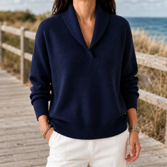 Women’s Fine-Knit Shawl-Collar Jumper in Navy Blue