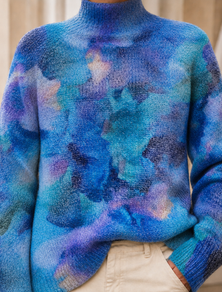 Men’s Patterned Rib-Neck Knit Jumper in Blue Abstract