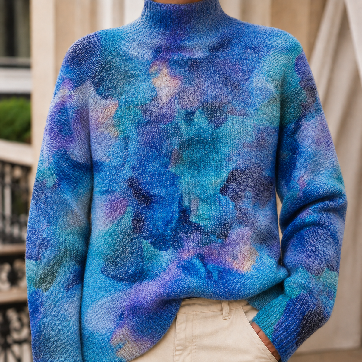 Men’s Patterned Rib-Neck Knit Jumper in Blue Abstract